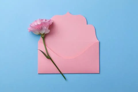 Pink envelope with white sticker inside on a pink paper background. Stock Photos