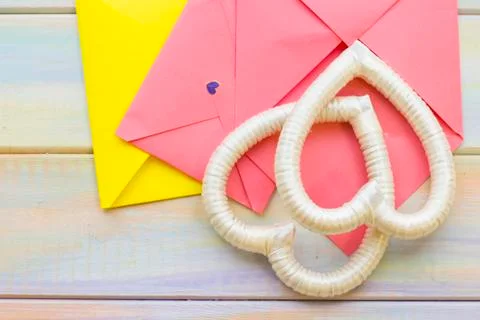Pink envelopes and heart frames Stock Photos