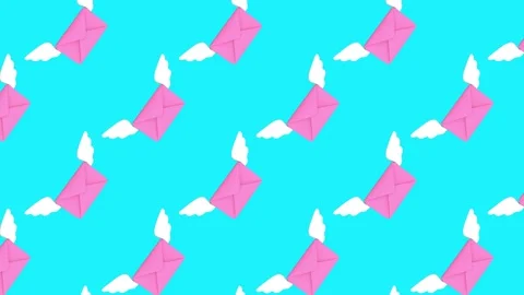 Pink envelopes with white wings rotate in synchronized rows on a bright cyan Stock Footage 341406350