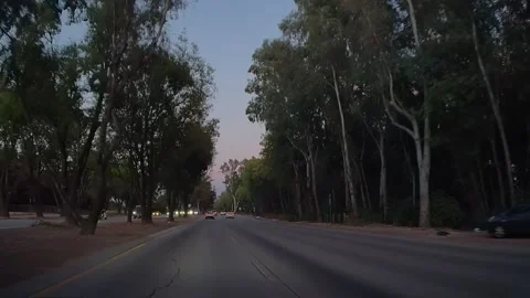 Pink evening sky over a tree-lined highway, Los Angeles Video stock 344010943