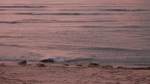 Pink Evening Waves Hitting Beach Stock Footage 315665867