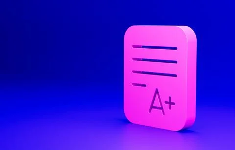 Pink Exam sheet with A plus grade icon isolated on blue background. Test paper Stock Illustration