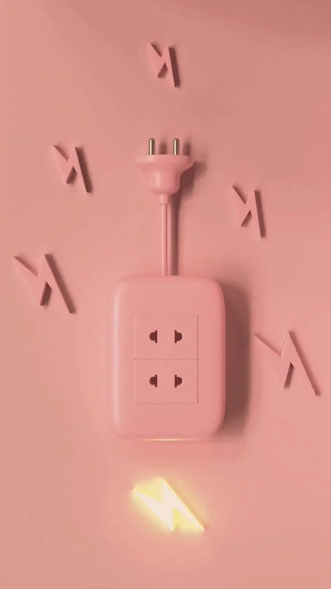 Pink extension cord power socket with flying lightning bolts. 스톡 동영상 342420496