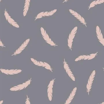 Pink feathers seamless pattern on gray background. Stock Illustration