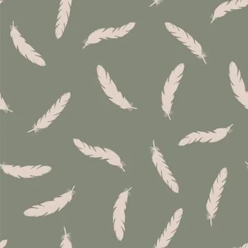 Pink feathers seamless pattern on green background. Stock Illustration