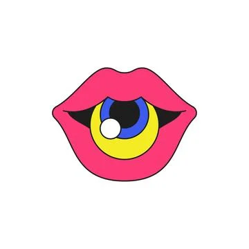 Pink female lips with eye inside psychedelic funky groovy icon vector flat il Stock Illustration