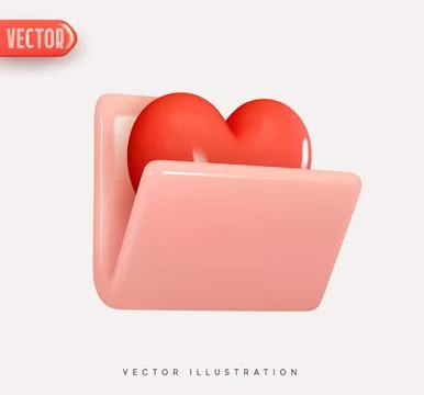 Pink file, open folder. 3d vector Icon with red heart. Realistic Elements for Stock Illustration