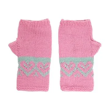 Pink fingerless gloves with heart pattern. Handmade knitted mittens for winte Stock Photos