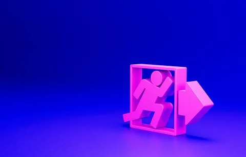 Pink Fire exit icon isolated on blue background. Fire emergency icon. Minimalism Ilustración de archivo