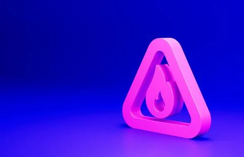 Pink Fire flame in triangle icon isolated on blue background. Warning sign of Illustrazione stock