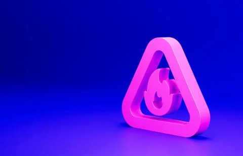 Pink Fire flame in triangle icon isolated on blue background. Warning sign of 스톡 일러스트