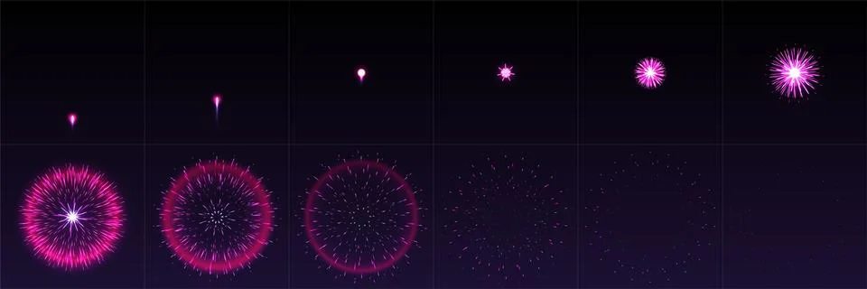 Pink firework effect animation frames set Illustrazione stock