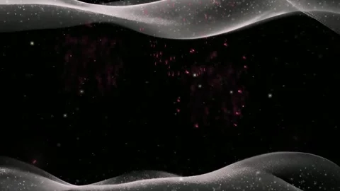 Pink fireworks exploding in night sky over snowy landscape with set against Video stock 345101659