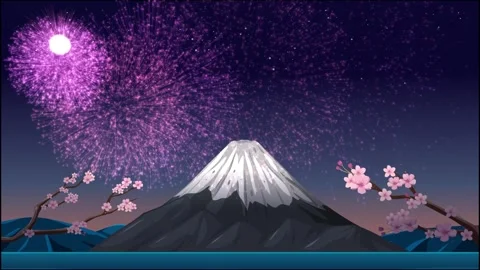 Pink Fireworks Exploding Over Mount Fuji with Cherry Blossoms at Night 動画素材 328137403