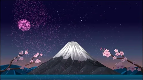 Pink Fireworks Exploding Over Snow Capped Mountain and Cherry Blossoms Stock Footage 328487057