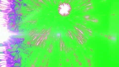 Pink fireworks explosions with glowing particle waves against a vibrant green Vídeos de archivo 344713095