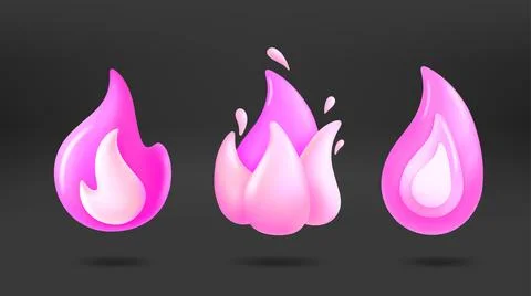 Pink flames collection. 3d vector icons isolated on dark background Illustrazione stock