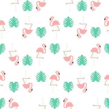 Pink flamingo pixel art pattern seamless. 8 bit water bird with pale pink p.. 스톡 일러스트