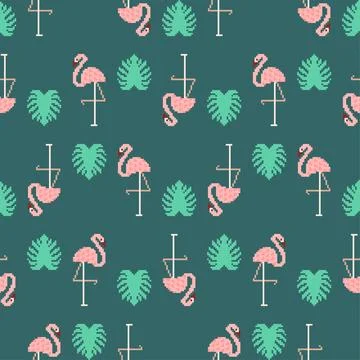Pink flamingo pixel art pattern seamless. 8 bit water bird with pale pink p.. Stock Illustration