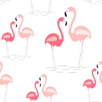 A pink flamingo seamless pattern. Exotic tropical bird - Vector Stock Illustration
