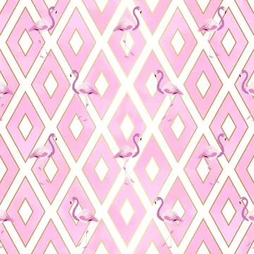 Pink Flamingo Seamless Pattern Vector with Geometric Rhombus Shapes and White イラスト素材