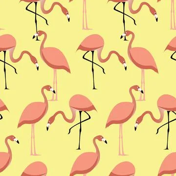 Pink Flamingo seamless vector pattern on yellow background Illustrazione stock
