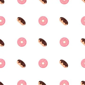 Pink flat donuts on white background.3d donut pattern for print design. Vector Stock Illustration