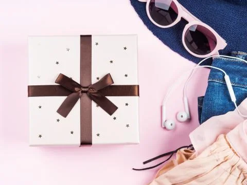 Pink flat lay with gift box Stock Photos
