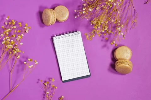 Pink Flat Lay With Notebook, Macarons and Dried Flowers for Stationery and Food  Stock Photos