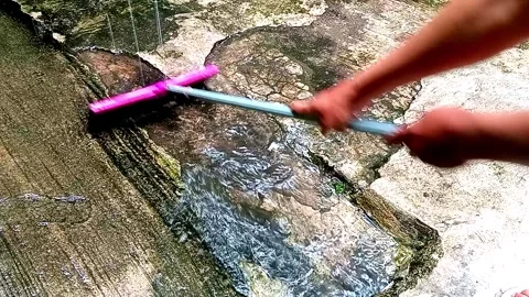 Pink floor squeegee pushing water on mossy cracked concrete floor Video stock 334772377