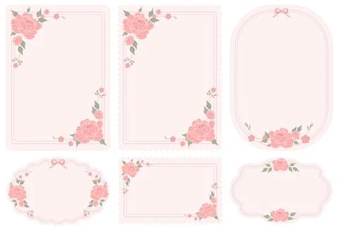 Pink floral frame vector set with peonies and bows Stock Illustration