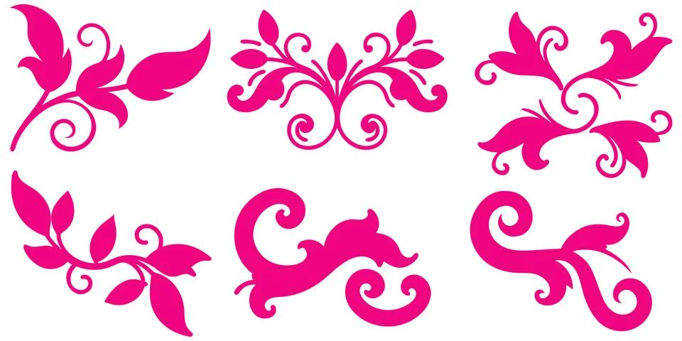 Pink floral scroll collection with leafy swirls for wedding invitations. Stock Illustration
