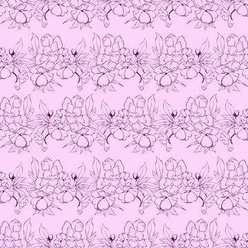 Pink floral seamless pattern with hand-drawn lilac line art flowers Illustrazione stock
