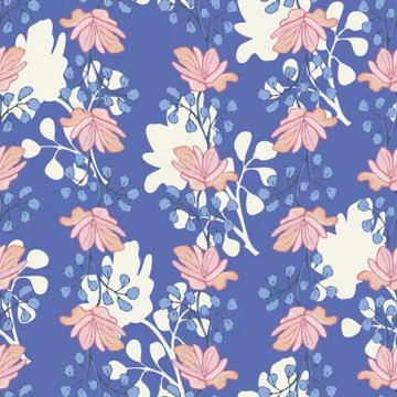 Pink floral seamless vector pattern on blue Illustrazione stock