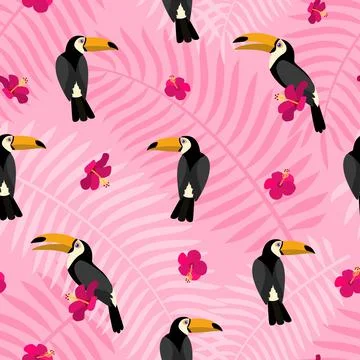 Pink flower on bird toucan pattern, flat style Stock Illustration