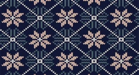 Pink flower on blue knitted pattern, Festive Sweater Design. Seamless Knitted Stock Illustration