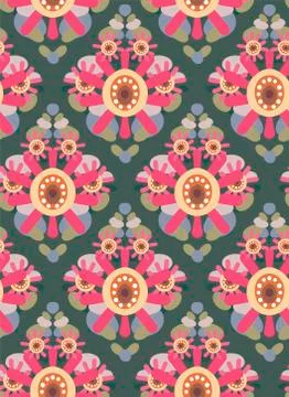 Pink flower blue seamless pattern vector floral design primitive scandinavian Stock Illustration