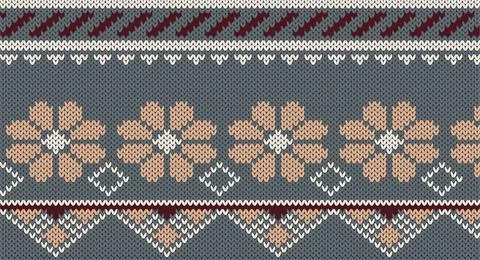 Pink flower on gray knitted pattern, Festive Sweater Design. Seamless Knitted Stock Illustration