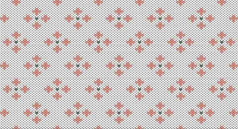 Pink flower on white knitted pattern, Festive Sweater Design. Seamless Knit.. Illustrazione stock