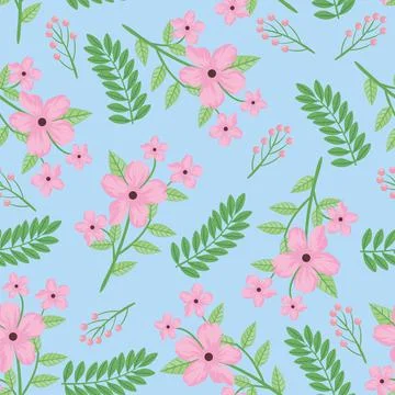 Pink flowers and leafs spring pattern 스톡 일러스트