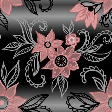 Pink flowers on black gradient background seamless pattern Stock Illustration