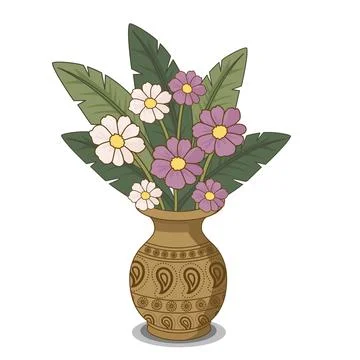 Pink flowers in Indian pattern Terracotta Clay Vase Vector Stock Illustration