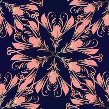 Pink flowers seamless pattern. Mandala style. Stock Illustration