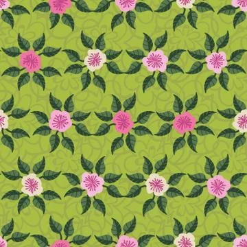 Pink flowers seamless vector pattern on green Stock Illustration