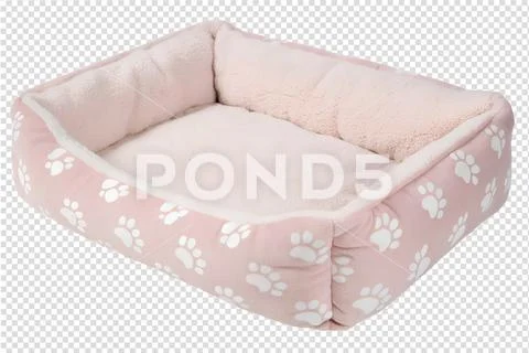 Pink fluffy pet bed with white paw prints PSD 템플릿