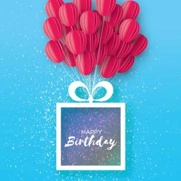 Pink Flying Paper cut balloons. Happy Birthday Greeting card. Origami Gift box Stock Illustration