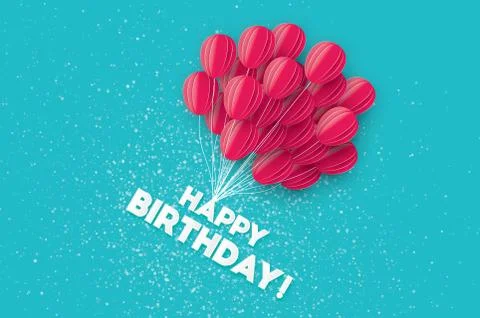 Pink Flying Paper cut balloons. Happy Birthday Greeting card Stock Illustration