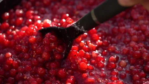 Pink foam for red currant jam. red currant are boiled in a pot with sugar. Stock Footage 279111706