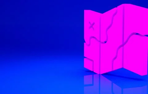 Pink Folded map icon isolated on blue background. Minimalism concept. 3d illu 스톡 일러스트