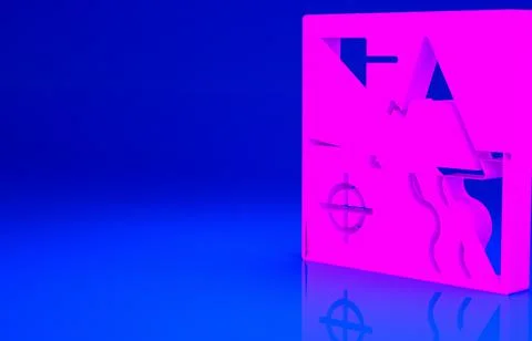 Pink Folded map icon isolated on blue background. Minimalism concept. 3d illu 스톡 일러스트
